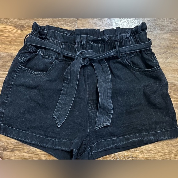 tgla black faded wash denim high rise paper bag shorts elastic waist sash belt S - Picture 1 of 6